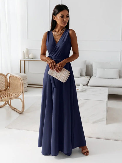 Elegant Satin Maxi Dress for Women with Surplice V Neck Pleated Waist Flowing Formal Wedding Guest Style