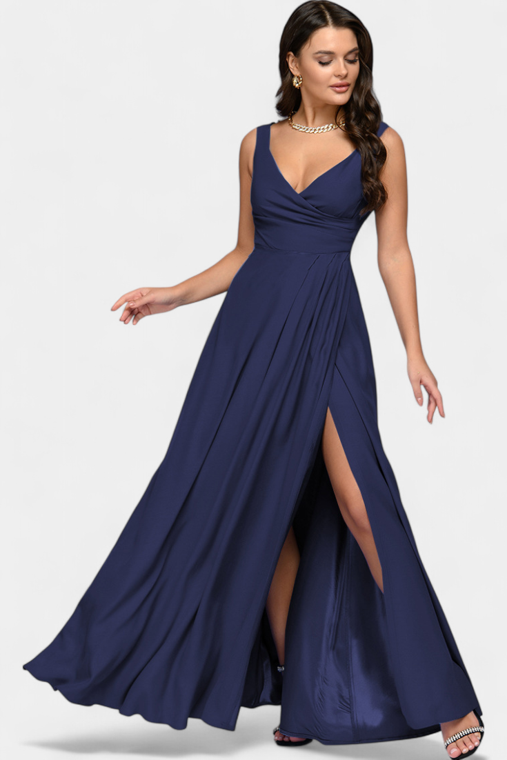 Elegant Chiffon Maxi Dress for Women with V Neck Sleeveless High Slit Formal Wedding Guest Style