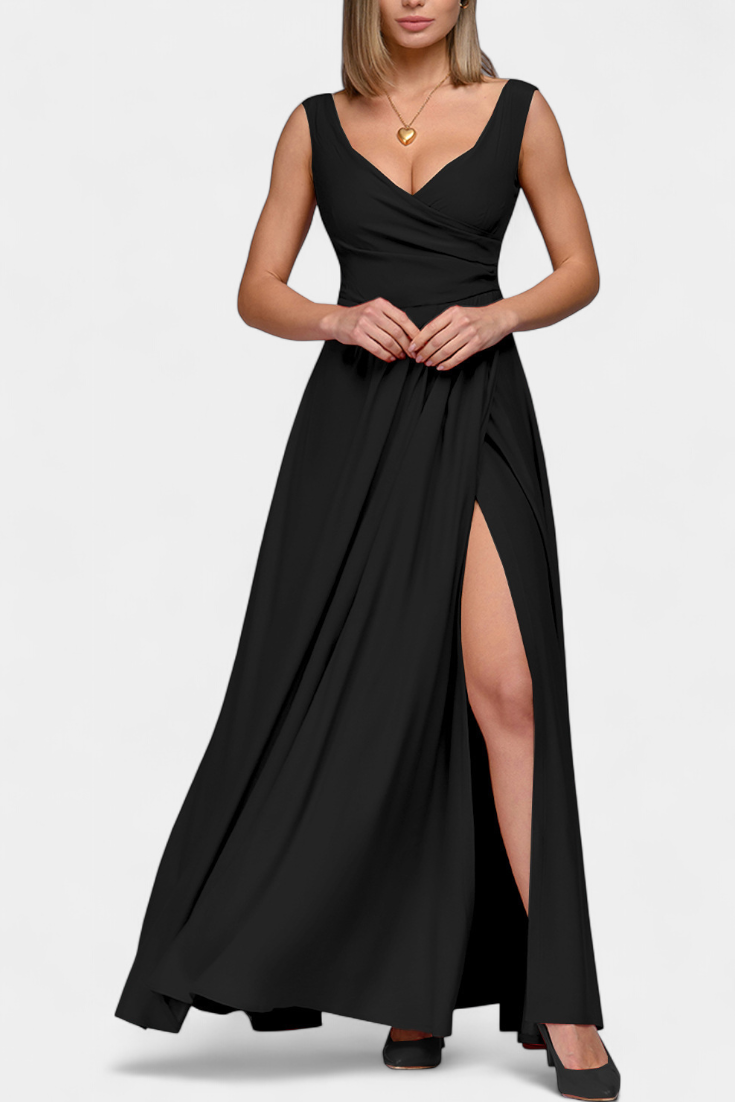 Elegant Chiffon Maxi Dress for Women with V Neck Sleeveless High Slit Formal Wedding Guest Style