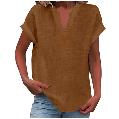 Effortless Linen Blouse for Women with V Neck Short Sleeve Relaxed Tunic Style