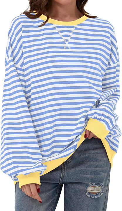 Effortless Striped Sweatshirt for Women with Crew Neck Long Sleeve Contrast Cuff Oversized Style
