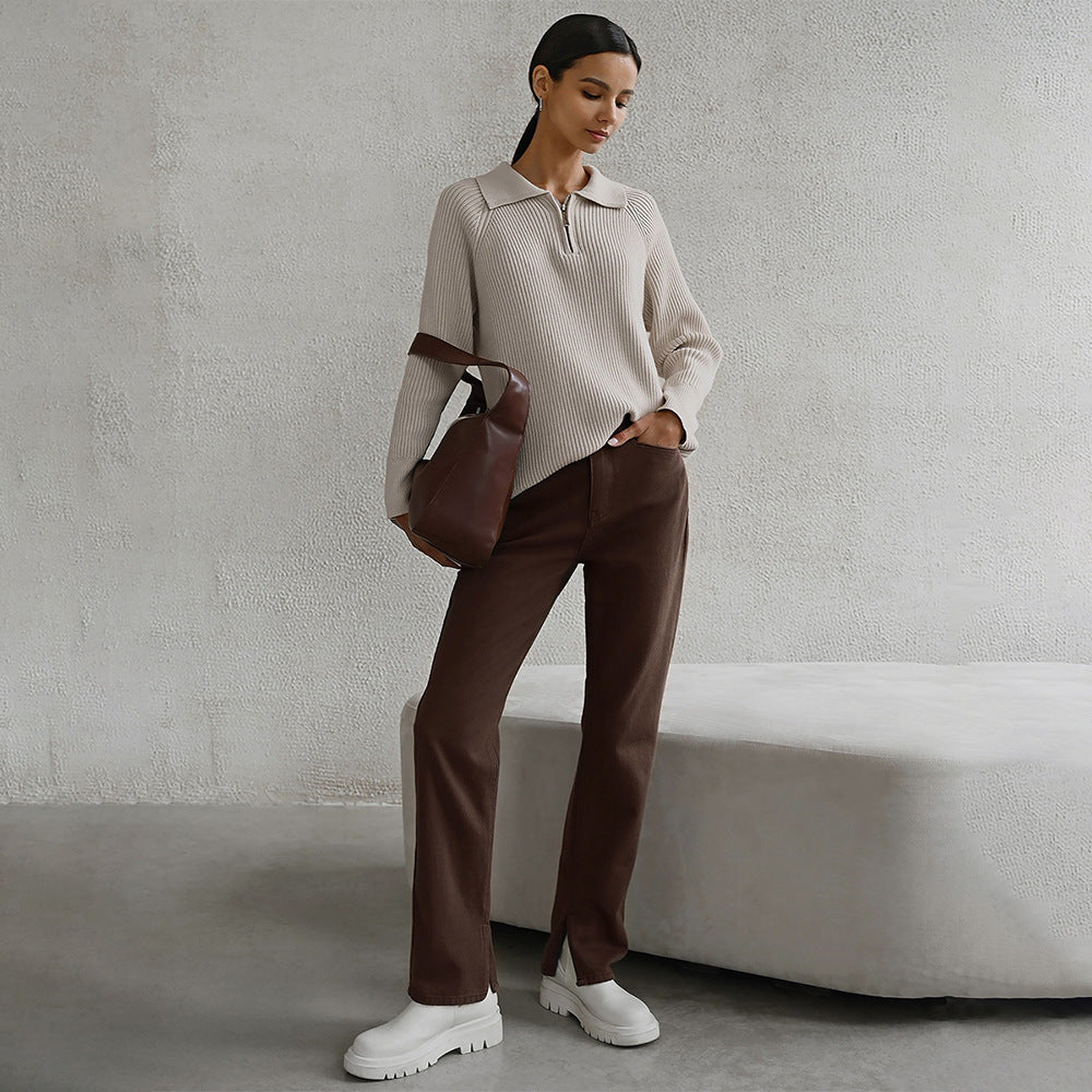 Comfortable Ribbed Knit Sweater for Women with Collar Zip Long Sleeve Oversized Relaxed Style