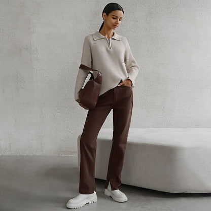 Comfortable Ribbed Knit Sweater for Women with Collar Zip Long Sleeve Oversized Relaxed Style