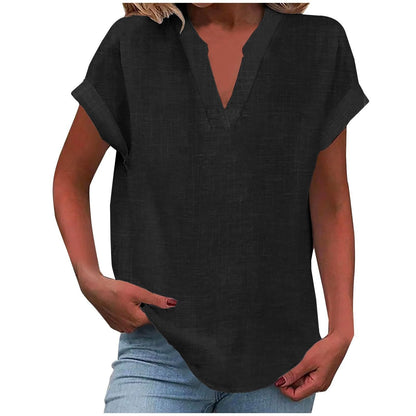 Effortless Linen Blouse for Women with V Neck Short Sleeve Relaxed Tunic Style
