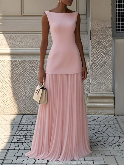 Elegant Pleated Maxi Dress for Women with Boat Neck Sleeveless Fitted Bodice Formal Party Style