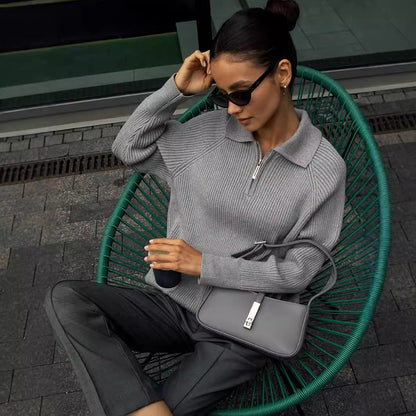 Comfortable Ribbed Knit Sweater for Women with Collar Zip Long Sleeve Oversized Relaxed Style