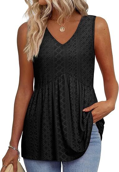 Effortless Peplum Tank Top for Women with V Neck Sleeveless Textured Flowy Style