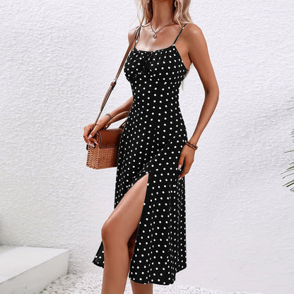 Effortless Polka Dot Midi Dress for Women with Scoop Neck Sleeveless Side Slit Bodycon Style