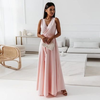 Elegant Satin Maxi Dress for Women with Surplice V Neck Pleated Waist Flowing Formal Wedding Guest Style