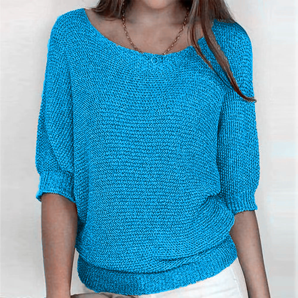 Comfortable Knit Sweater for Women with Scoop Neck Batwing Sleeve Ribbed Hem Oversized Style