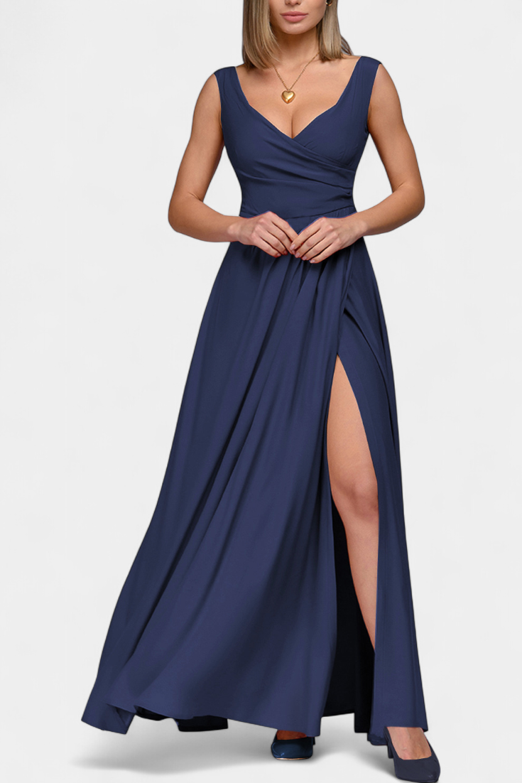 Elegant Chiffon Maxi Dress for Women with V Neck Sleeveless High Slit Formal Wedding Guest Style