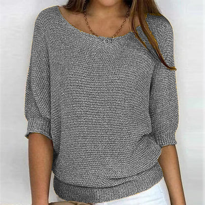 Comfortable Knit Sweater for Women with Scoop Neck Batwing Sleeve Ribbed Hem Oversized Style
