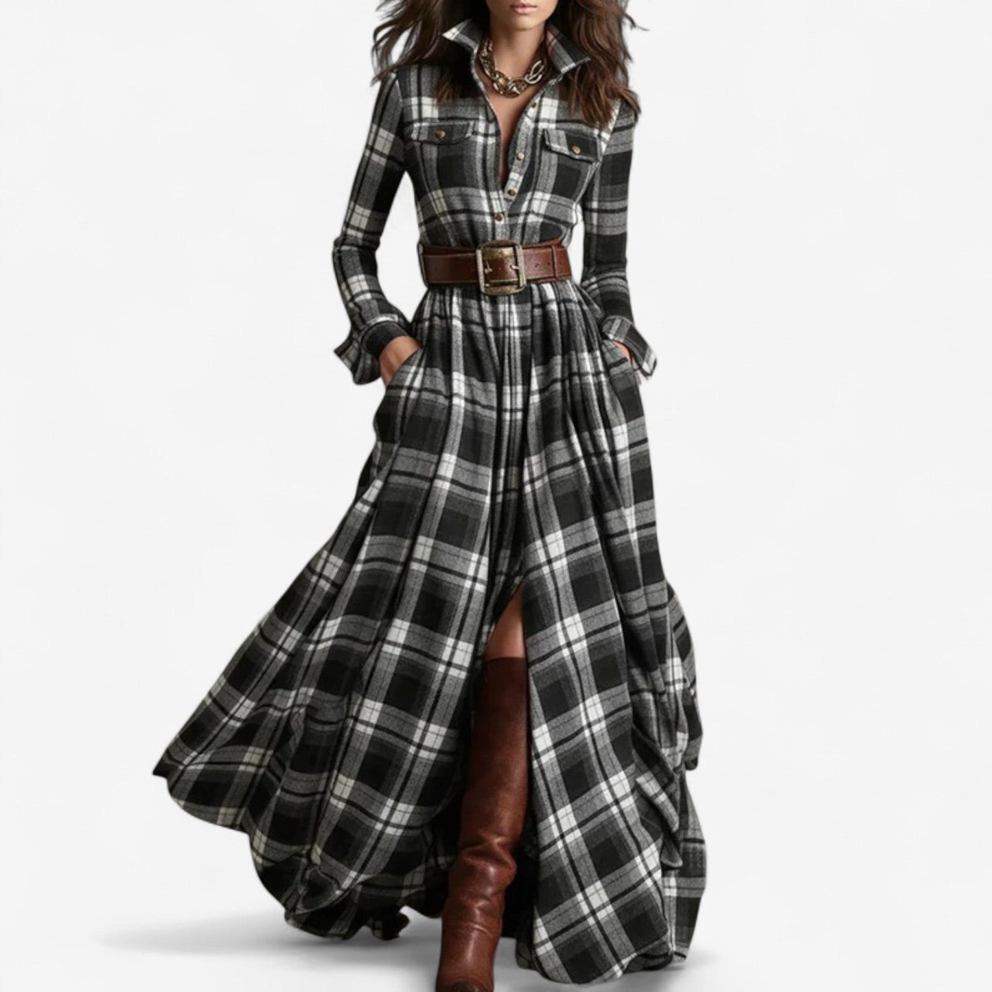 Elegant Plaid Maxi Shirt Dress for Women with Collar Long Sleeve Belted Flowing Style