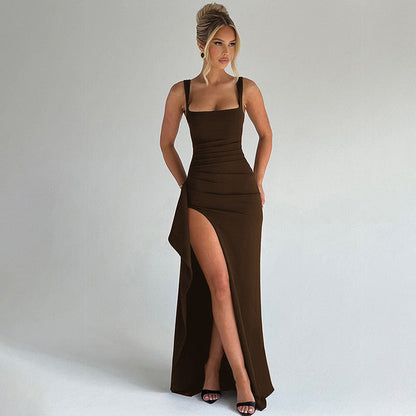 Elegant Satin Maxi Dress for Women with Square Neck Spaghetti Strap High Slit Formal Wedding Guest Style