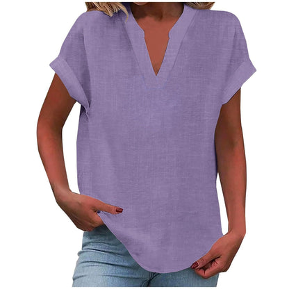 Effortless Linen Blouse for Women with V Neck Short Sleeve Relaxed Tunic Style