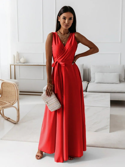 Elegant Satin Maxi Dress for Women with Surplice V Neck Pleated Waist Flowing Formal Wedding Guest Style