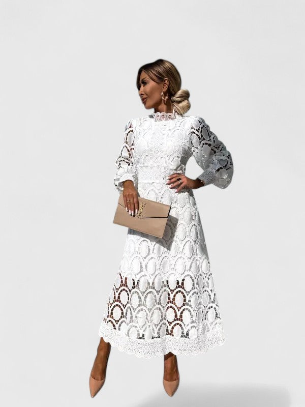 Elegant Lace Maxi Dress for Women with High Neck Long Sleeve Tiered Skirt Formal Wedding Guest Style