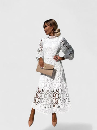 Elegant Lace Maxi Dress for Women with High Neck Long Sleeve Tiered Skirt Formal Wedding Guest Style