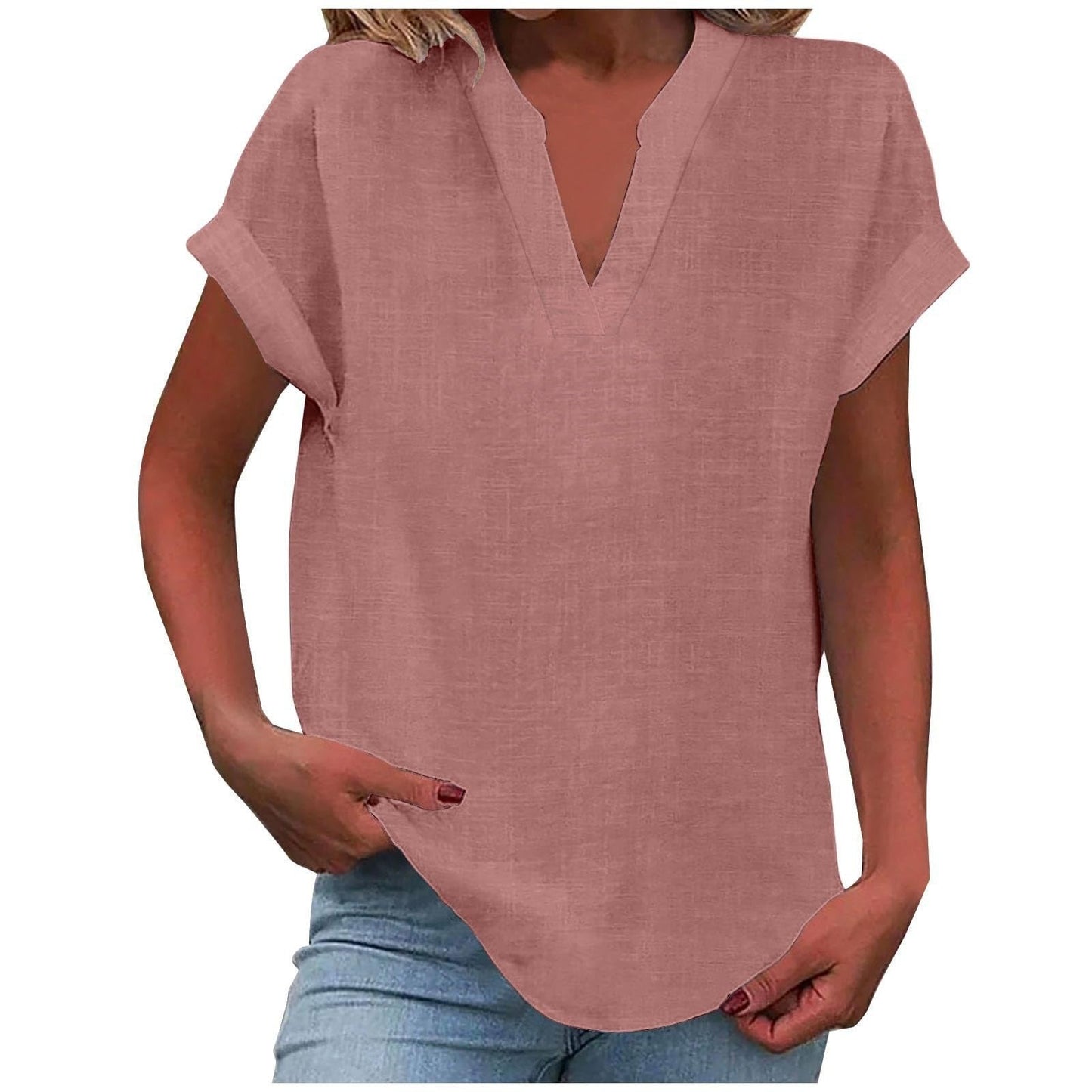Effortless Linen Blouse for Women with V Neck Short Sleeve Relaxed Tunic Style