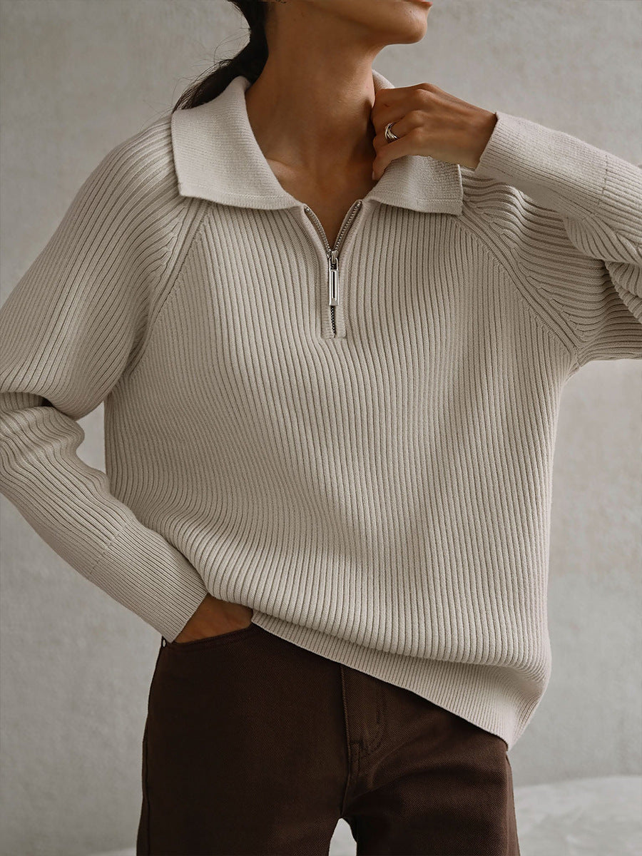 Comfortable Ribbed Knit Sweater for Women with Collar Zip Long Sleeve Oversized Relaxed Style