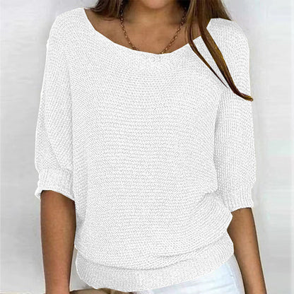 Comfortable Knit Sweater for Women with Scoop Neck Batwing Sleeve Ribbed Hem Oversized Style