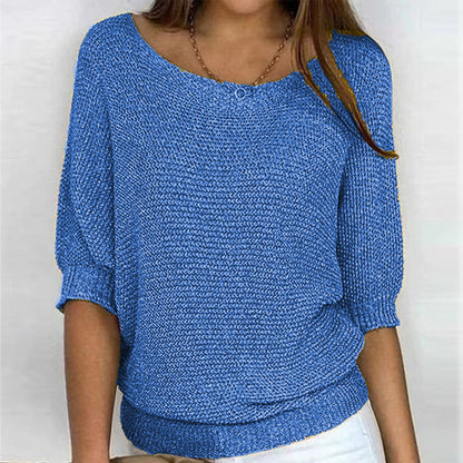 Comfortable Knit Sweater for Women with Scoop Neck Batwing Sleeve Ribbed Hem Oversized Style