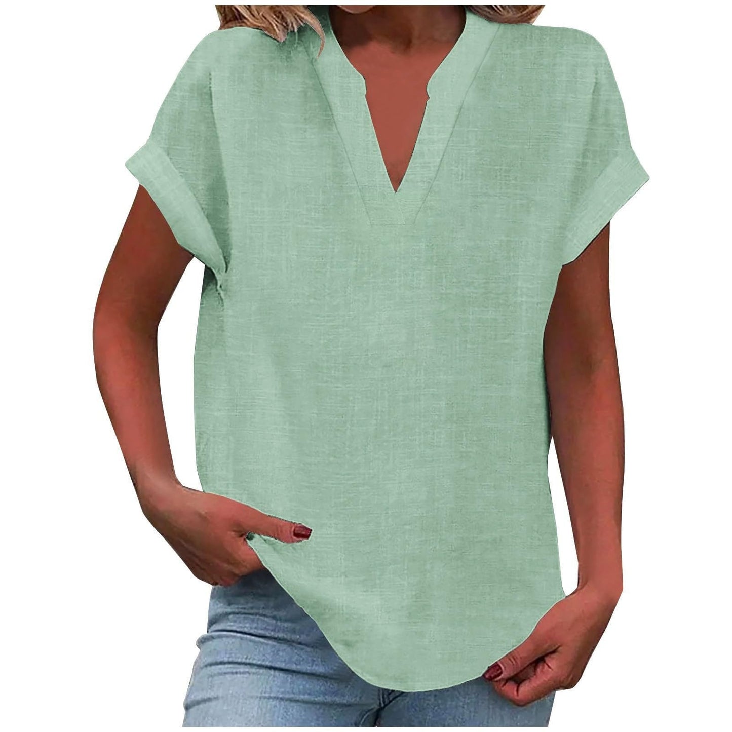 Effortless Linen Blouse for Women with V Neck Short Sleeve Relaxed Tunic Style