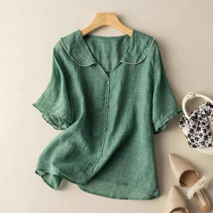Effortless Linen Blouse for Women with Peter Pan Collar Short Sleeve Ruffle Cuff Relaxed Style