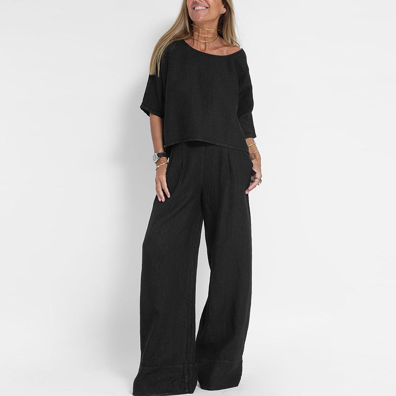 Effortless Linen Wide Leg Set for Women with Round Neck Elbow Sleeve Relaxed Two Piece Style
