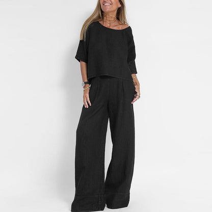 Effortless Linen Wide Leg Set for Women with Round Neck Elbow Sleeve Relaxed Two Piece Style