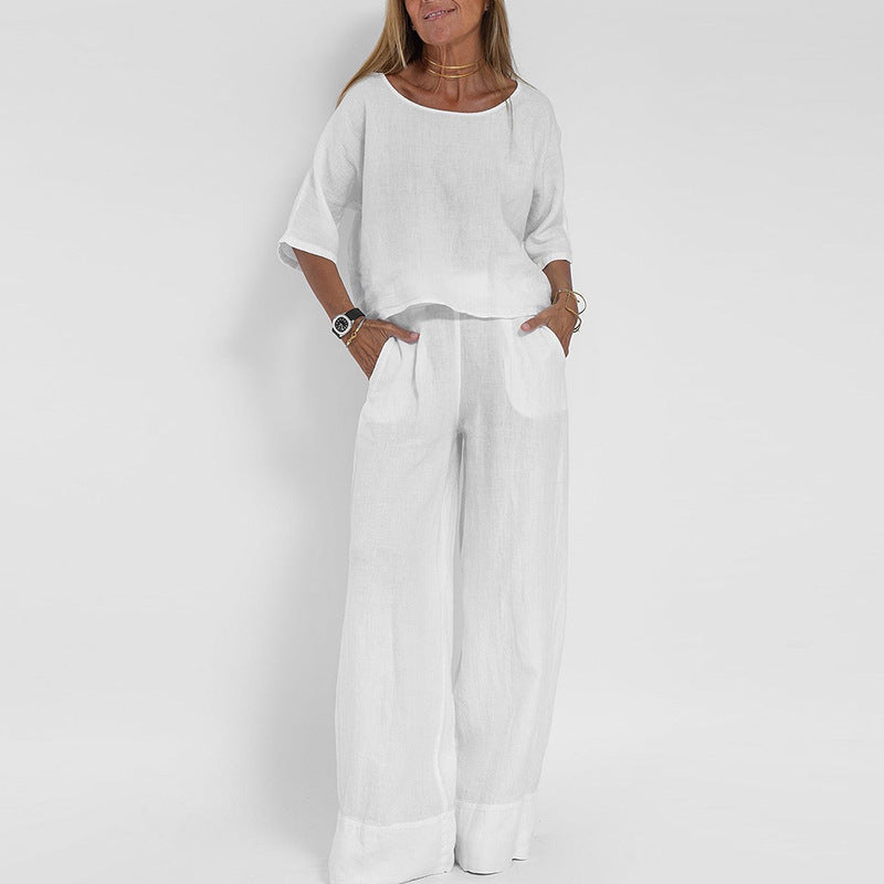 Effortless Linen Wide Leg Set for Women with Round Neck Elbow Sleeve Relaxed Two Piece Style
