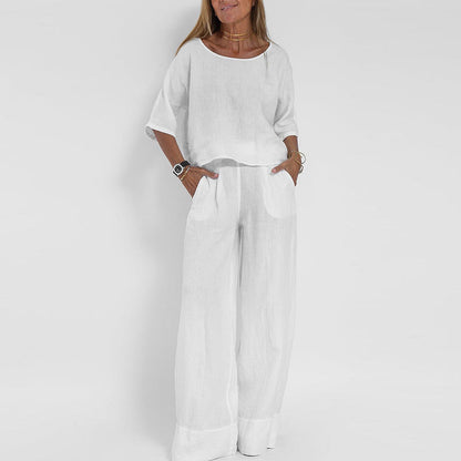 Effortless Linen Wide Leg Set for Women with Round Neck Elbow Sleeve Relaxed Two Piece Style