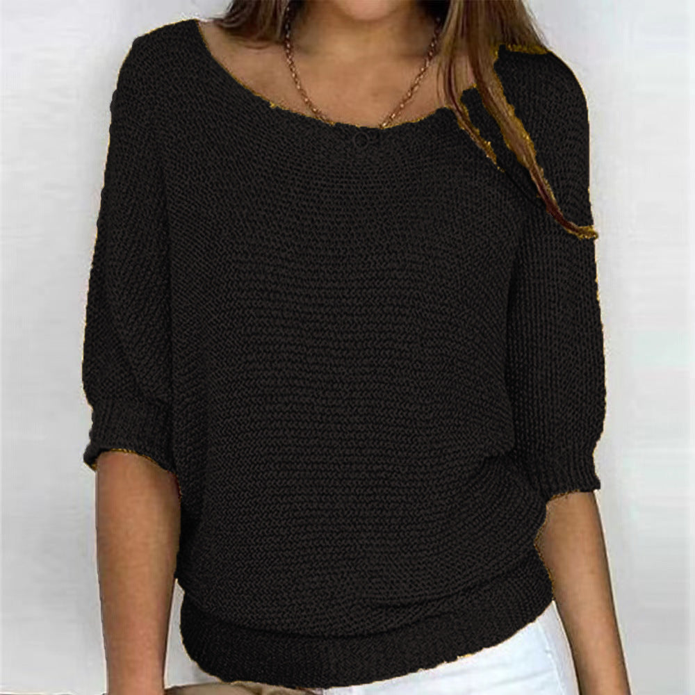 Comfortable Knit Sweater for Women with Scoop Neck Batwing Sleeve Ribbed Hem Oversized Style