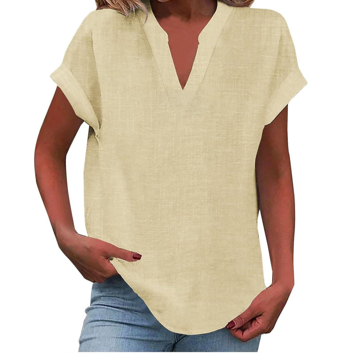 Effortless Linen Blouse for Women with V Neck Short Sleeve Relaxed Tunic Style