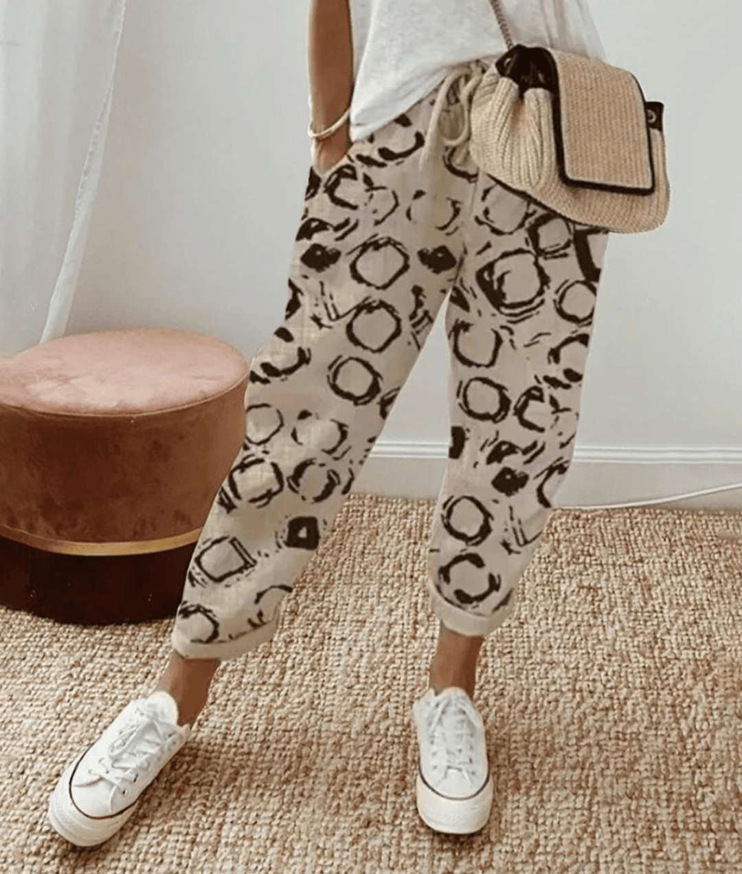 Effortless Printed Jogger Pants for Women with High Waist Drawstring Cuffed Tapered Relaxed Casual Style