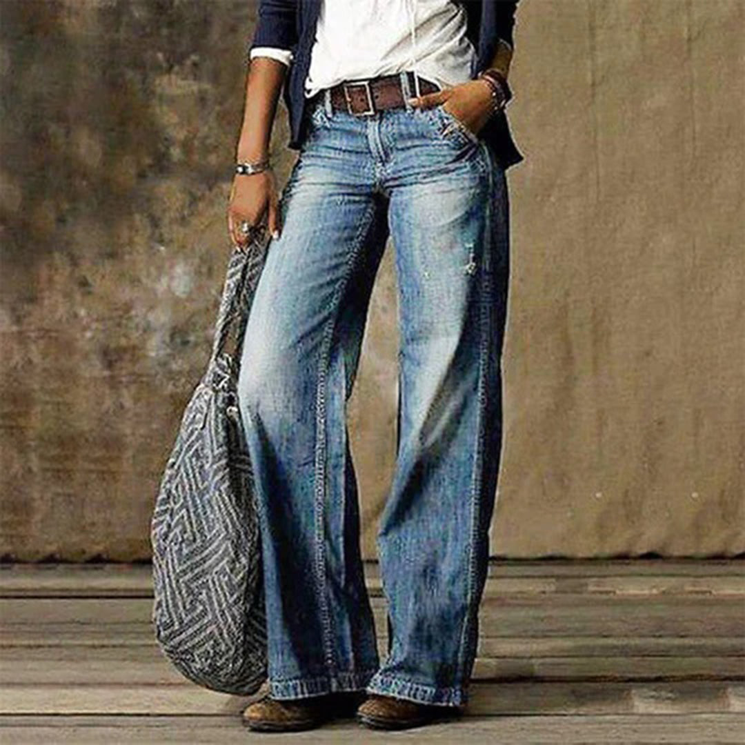 Effortless Blue Wide Leg Jeans for Women with High Waist Belted Distressed Bohemian Style