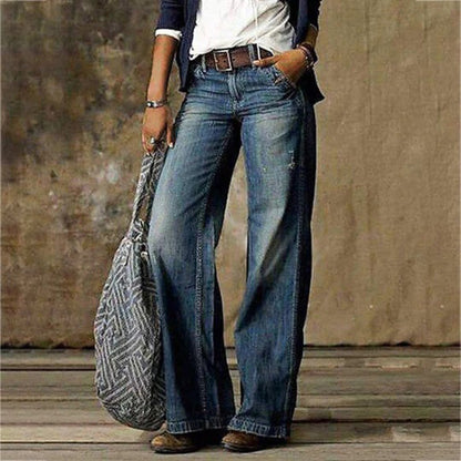 Effortless Blue Wide Leg Jeans for Women with High Waist Belted Distressed Bohemian Style