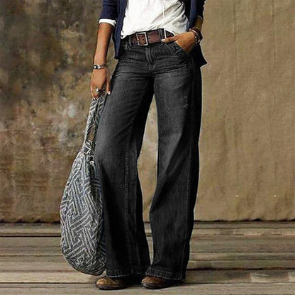 Effortless Blue Wide Leg Jeans for Women with High Waist Belted Distressed Bohemian Style