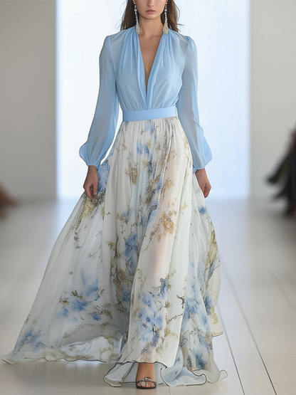 Elegant Blue Floral Maxi Dress for Women with V Neck Long Sleeve Belted Flowing Style