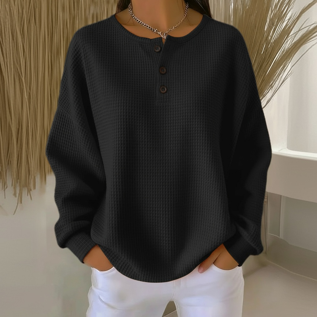 Comfortable Waffle Knit Henley Top for Women with Split Neck Long Sleeve Oversized Relaxed Style