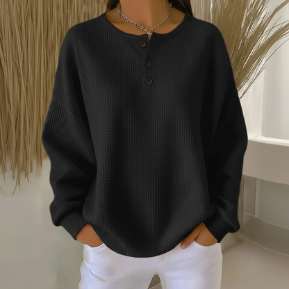 Comfortable Waffle Knit Henley Top for Women with Split Neck Long Sleeve Oversized Relaxed Style