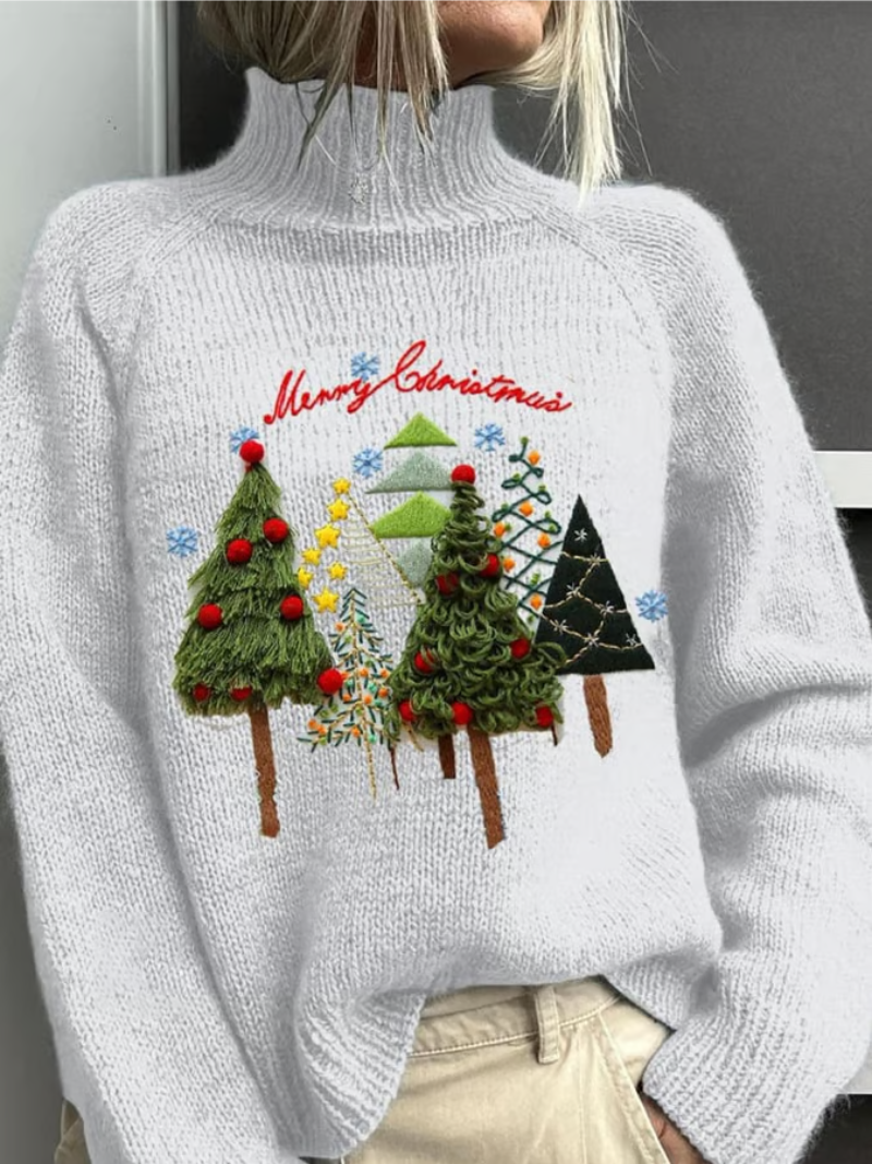 Comfortable White Christmas Tree Sweater for Women with High Neck Long Sleeve Embroidered Oversized Knit Style