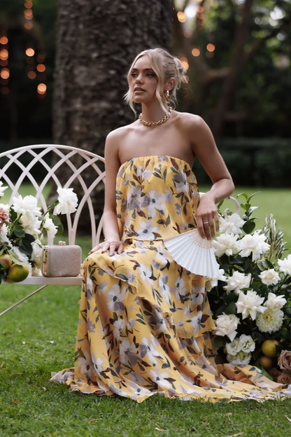 Elegant Floral Maxi Dress for Women with Strapless Tiered Ruffle Skirt Formal Wedding Guest Style