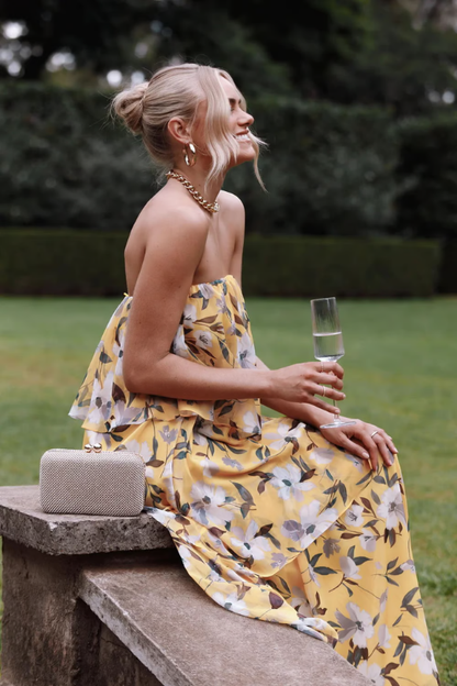 Elegant Floral Maxi Dress for Women with Strapless Tiered Ruffle Skirt Formal Wedding Guest Style