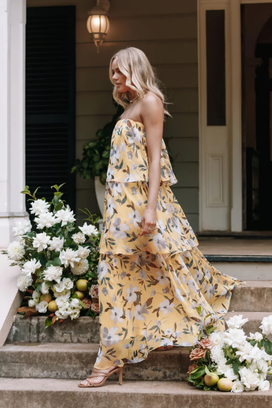 Elegant Floral Maxi Dress for Women with Strapless Tiered Ruffle Skirt Formal Wedding Guest Style