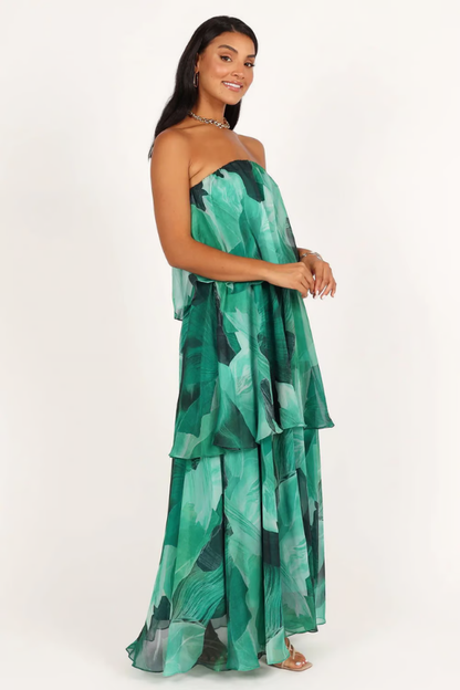 Elegant Floral Maxi Dress for Women with Strapless Tiered Ruffle Skirt Formal Wedding Guest Style