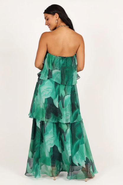Elegant Floral Maxi Dress for Women with Strapless Tiered Ruffle Skirt Formal Wedding Guest Style