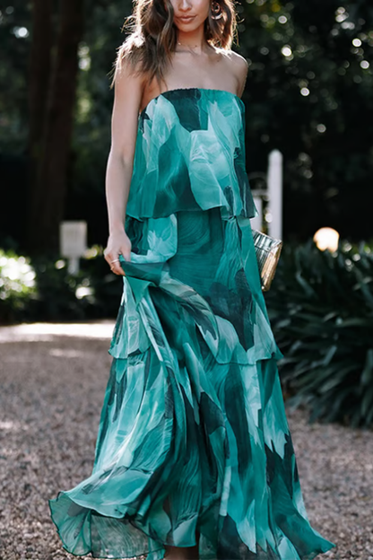 Elegant Floral Maxi Dress for Women with Strapless Tiered Ruffle Skirt Formal Wedding Guest Style