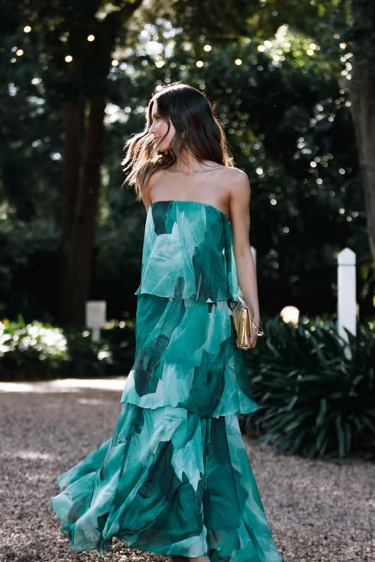 Elegant Floral Maxi Dress for Women with Strapless Tiered Ruffle Skirt Formal Wedding Guest Style