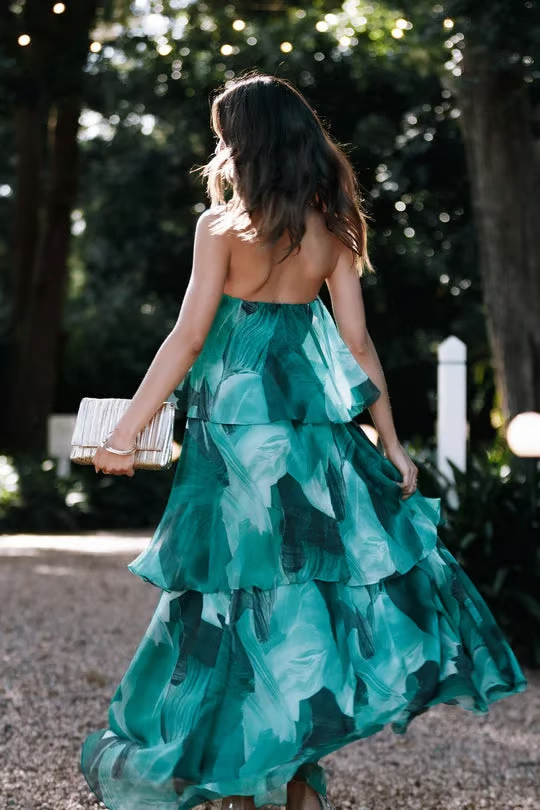 Elegant Floral Maxi Dress for Women with Strapless Tiered Ruffle Skirt Formal Wedding Guest Style